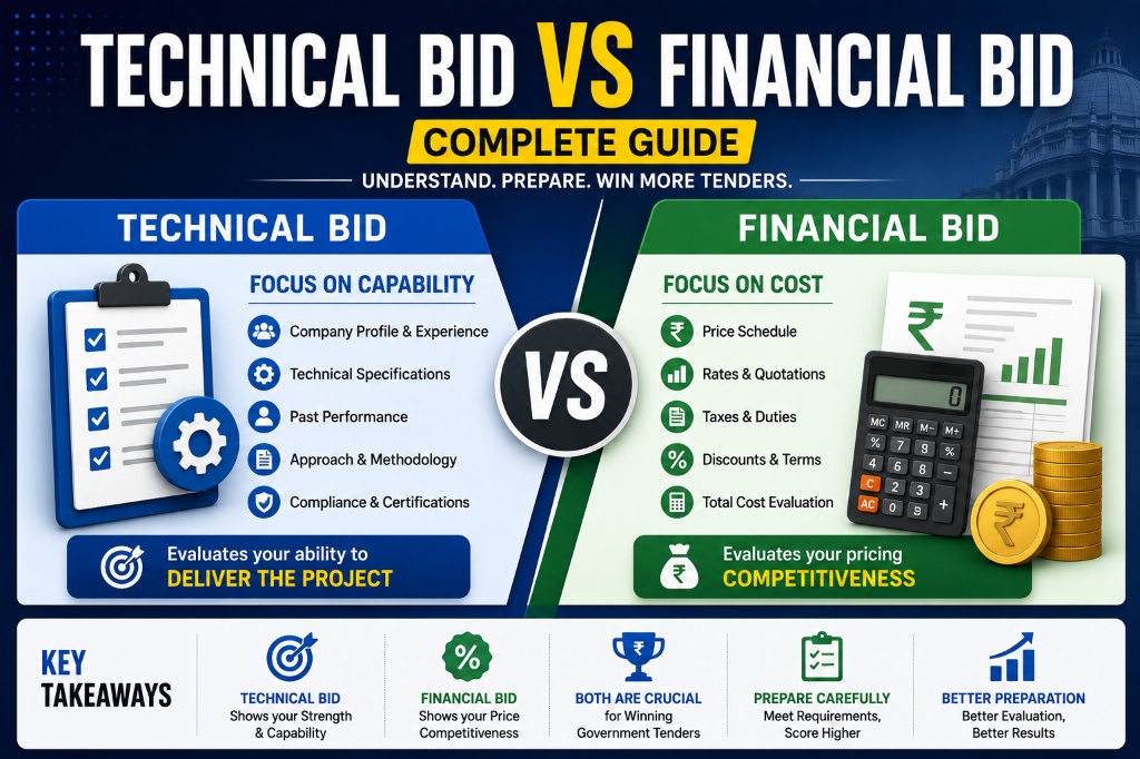 Technical Bid vs Financial Bid Complete Guide infographic listing difference highlights